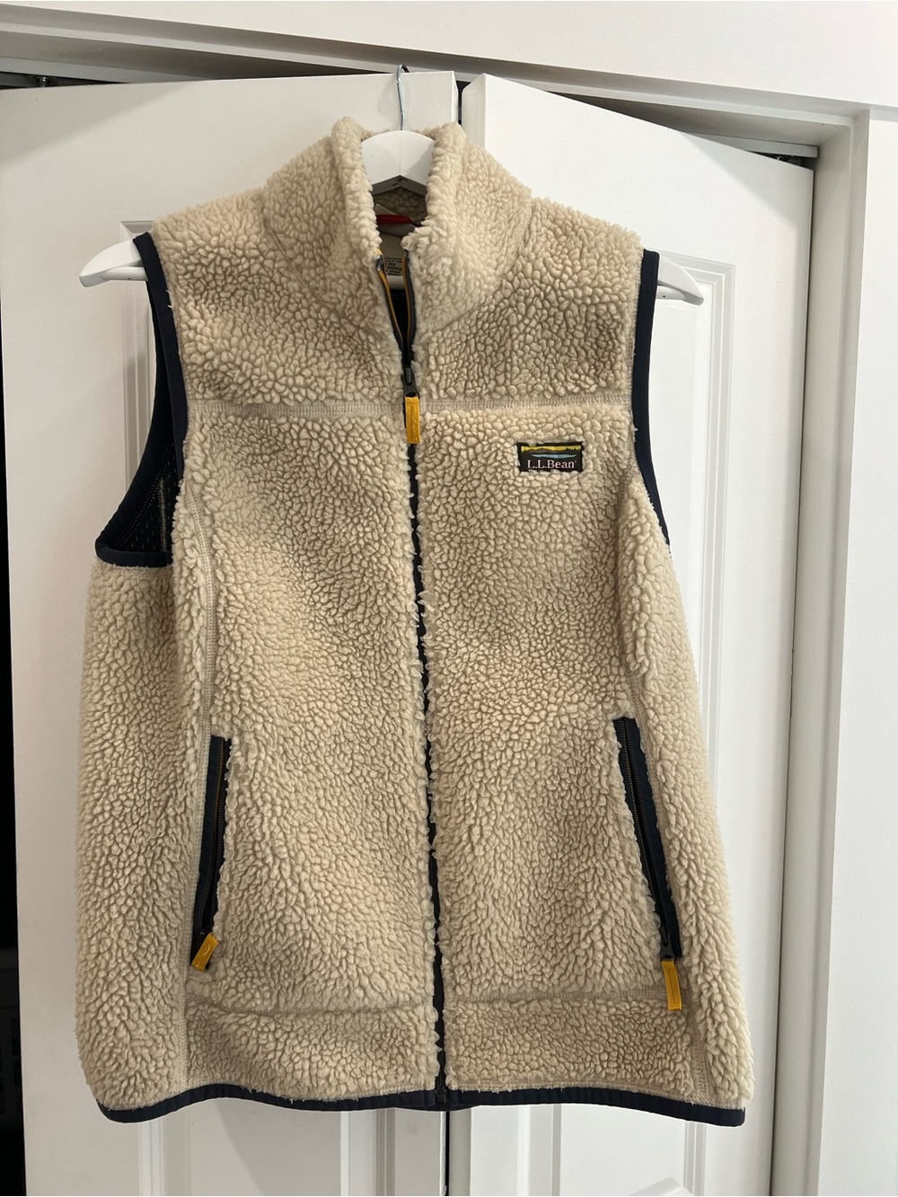 L.L. Bean Cream Sherpa Fleece Vest with Navy Trim